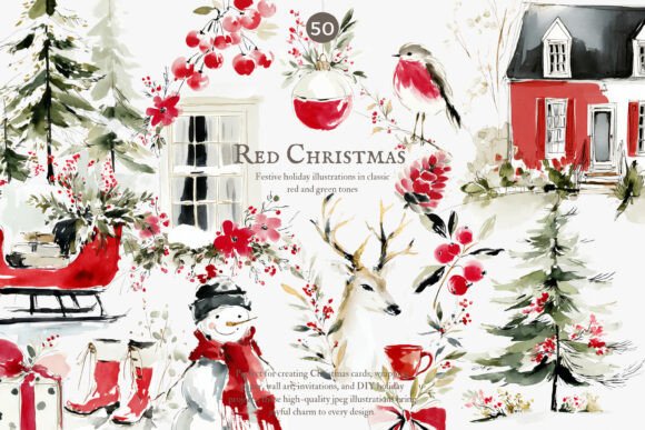 Download Festive Red Christmas Watercolor Clipart - Red Collection